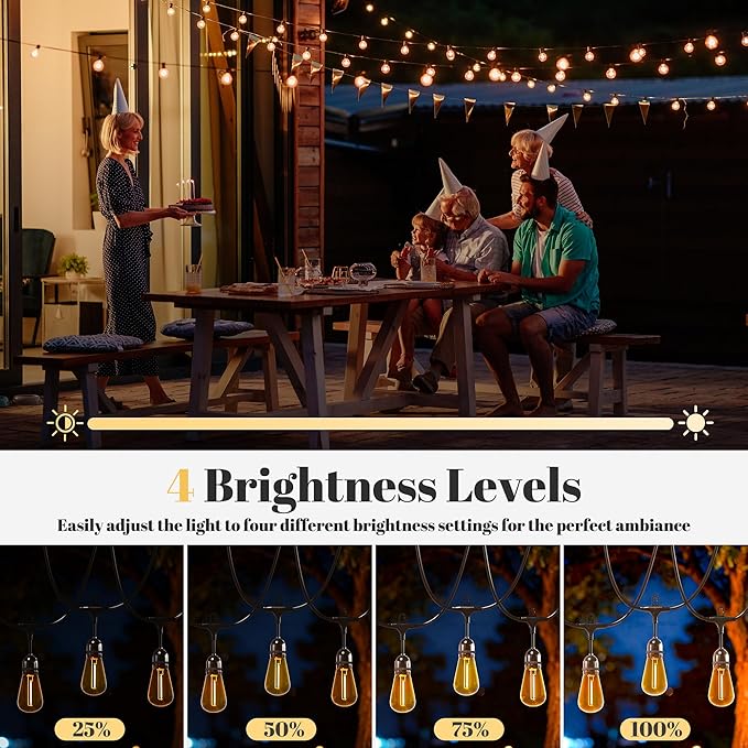 LED Outdoor String Lights, Bulbs Shatterproof Patio Lights with 8 Lighting Modes, 4-Level Dimmable Warm White, Waterproof Hanging Lights for Garden, Pergola, Bistro, Party Decor, Dimmable 2700K (55FT)