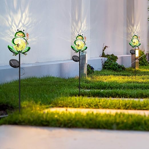 Garden Solar Lights Outdoor Decorations, Waterproof Frog Crackle Glass Globe Metal Garden Stake Lights, Solar Powered Warm White LED Light for Pathway Lawn Patio Yard Decor Mother's Day Gift