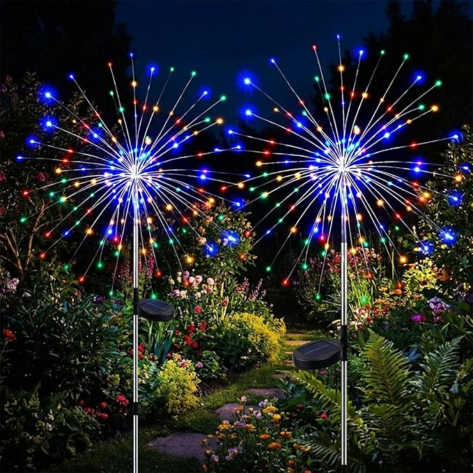 2 Pack Solar Firework Lights Outdoor - Verified 200 LED & 8 Modes - Starburst Solar Powered Garden Lights | Lumora
