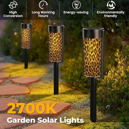 4 Pack Solar Pathway Lights Outdoor Waterproof Animal Skin Leopard Seamless Design Leopard Cheetah Panther Fur Solar Garden Lights LED Landscape Lighting for Yard Walkway Lawn Garden Decor