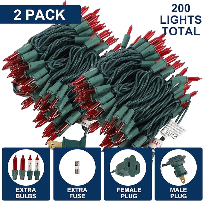 2 Pack Red Valentines String Lights, 100 Count Each, Incandescent Mini Christmas Lights, Connectable Xmas Tree Light for Indoor Outdoor Garland Birthday Holiday Wedding Festival Party