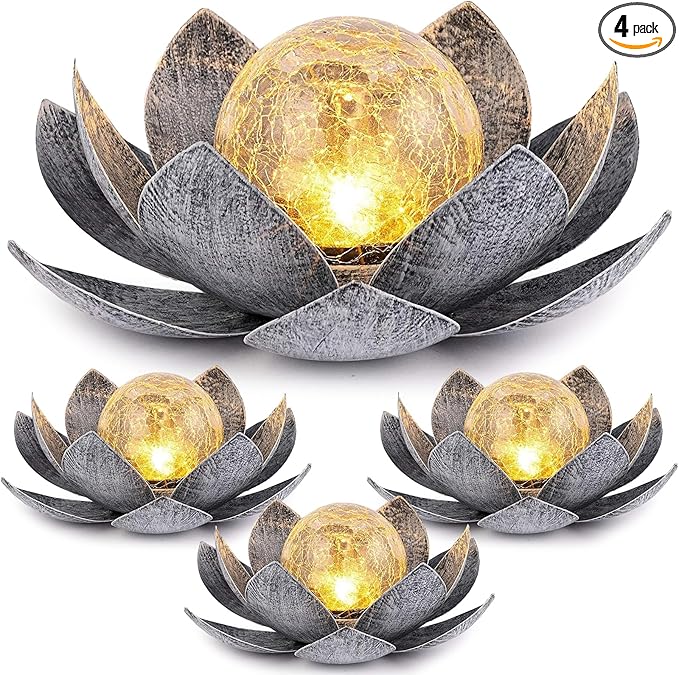 VIHOSE 4 Pcs Lotus Solar Light Outdoor LED Waterproof Art Globe Glass Decoration Outdoor Table Decor Garden Gifts Decorative Crackle Globe Glass Metal Lotus Flower for Patio Lawn(Silver)