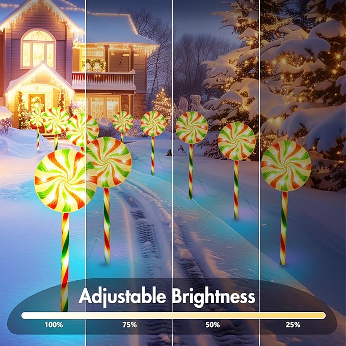 Brightown 6 Pack Lollipop Christmas Pathway Lights Outdoor - 27IN 120 LED Candy Cane Pathway Lights with 8 Lighting Modes, Waterproof Christmas Light Outdoor Decoration for Lawn Walkway, Warm White