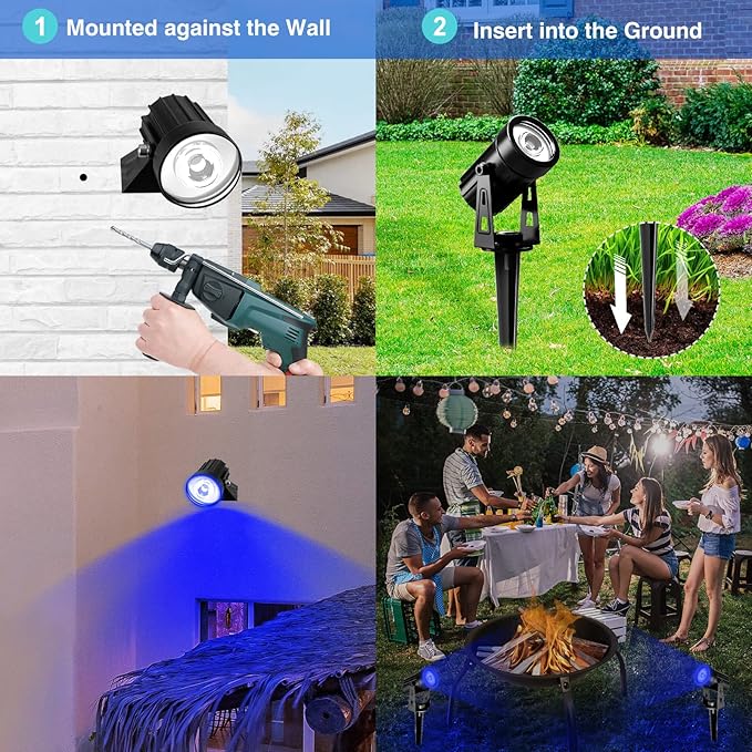 T-SUNUS 4 Pack Solar Landscape Spotlights - Blue, Waterproof IP65, 9.8ft Cable - Outdoor Security Flood Light | Lumora