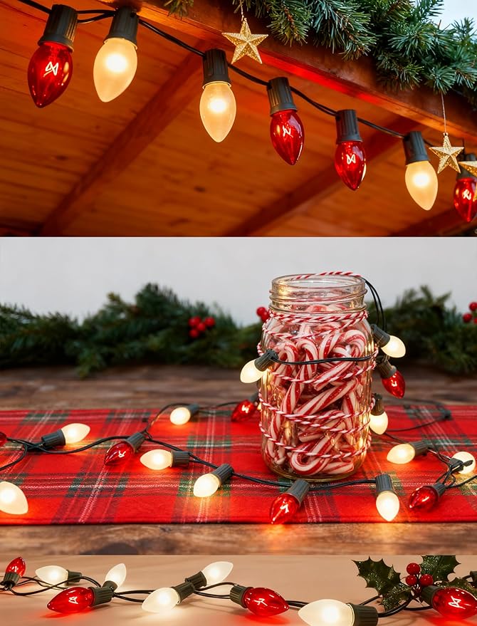 C9 Red and White Christmas String Lights 25Ft C9 Outdoor Christmas Decorations Lights with 26 Red Frosted White | Lumora