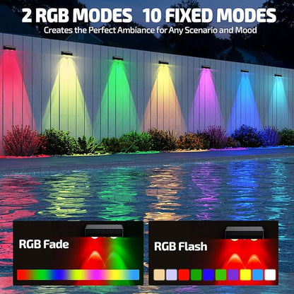 Solar Fence Lights Outdoor,Fence Solar Lights Outdoor IP65 Waterproof Designed with 12 Modes RGB 10 Colors for Wall Step Pool Railing Patio Backyard Holiday Feature Decorations (12 Pack)