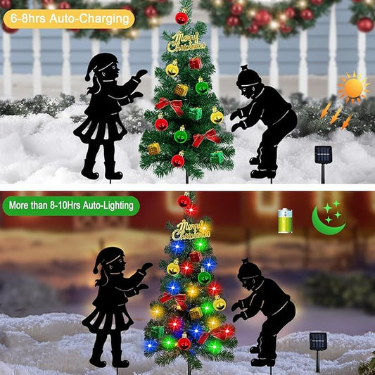Solar Outdoor Christmas Tree,3 Pack Christmas Outdoor Decorations with Boy and Girl Garden Stakes,Color Changing LED Lights,Waterproof Xmas for Yard,Lawn,Pathway