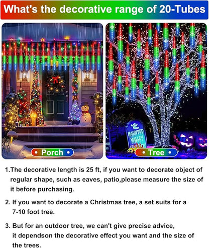 Christmas Lights Outdoor UL Certified Meteor Shower Light 16 Inch 20 Tubes 960 LED Falling Rain Drop Icicle Snow Cascading Lighting for Xmas Tree Wedding Party Garden Decoration, Colorful