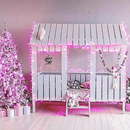 JMEXSUSS Connectable 100 LED Pink Christmas Lights, 33ft 8 Modes Room Lights Clear Wire, Plug in Pink String Lights Indoor Outdoor for Room Decor Christmas Tree Bedroom Valentines Party