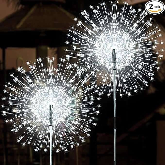 JJGoo Solar Firework Lights, 2 Pack 150 LEDs 2 Lighting Modes Solar Lights Outdoor Waterproof for Garden Patio Walkway Pathway Party Wedding Christmas Decorative - White