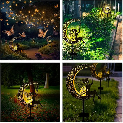 Fohil Solar Garden Lights Outdoor, Metal Fairy Moon Glass Globe Pathway Stake Solar Light Decor, Waterproof Solar Decorative Lights for Garden, Walkway, Yard, Lawn, Patio, Courtyard