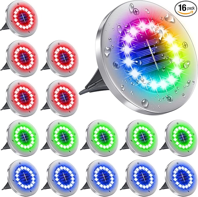 NFESOLAR 16 Pack Solar Lights Outdoor, 16 LEDs Multi-Color Solar Ground Lights Waterproof Landscape Light for | Lumora