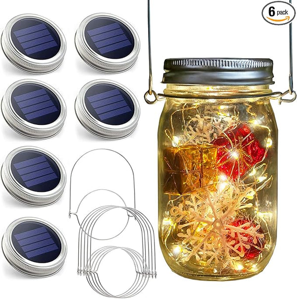 Urvoix Solar Mason Jar Lights - 6 Pack 30 Led Waterproof Jar Lids String Lights with 6 Handle, Perfect for Outdoor | Lumora