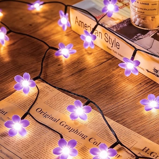 Purple Flower Fairy String Lights on Black Wire, Plug in Connectable 33FT 100 LED Waterproof with 8 Modes for Indoor Outdoor Christmas, Valentine's Day, Wedding Party & Patio Balcony Ambiance