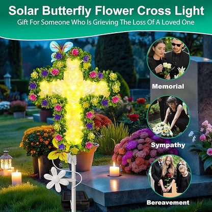 YJFWAL Solar Flower Cross for Cemetery Grave, Grave Decorations for Cemetery Solar Crosses, Sympathy Memorial Gifts, for Garden Lawn Yard Patio Decor