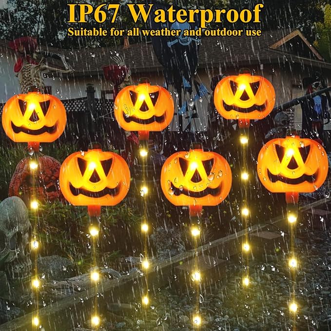 6 Pack Solar Pumpkin Garden Pathway Stake Lights Outdoor Halloween Decorations,8 Modes Solar Pumpkin Lights for Outside Waterproof Lighted Scary Jack o Lantern for Patio Yard Lawn Grave Decor