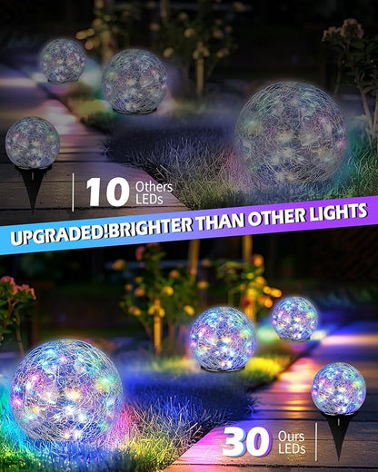 Coroor Garden Solar Ball Lights Outdoor Waterproof, 30 LED Cracked Glass Globe Solar Power Ground Lights for Path Yard Patio Lawn, Christmas Decoration Landscape Colorful (2 Pack 3.9'')