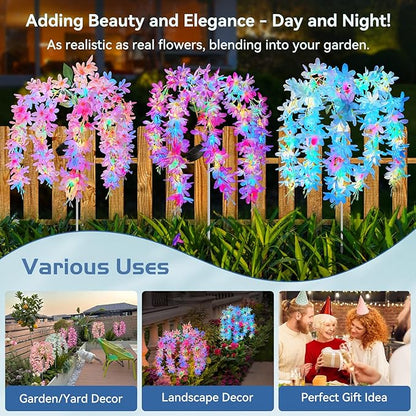 Neporal Solar Flowers Outdoor Waterproof IP65, 5 Lilac Flower Vines with 140+ Flowers, 2 Lightning Modes &Enlarged Solar Panel, 3PK Blue/Pink/Purple Solar Garden Lights Outdoor for Garden, Yard Decor