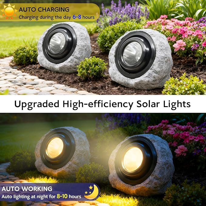 Solar Powered Rock Lights Outdoor- 4 Pack Super Bright Solar Spot Garden with 2 Lighting Modes, IP65 Waterproof Outdoor Decorative for Garden,Backyard, Roads, Yard, Patio Landscape,Sidewalks