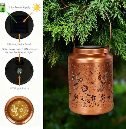 Gifts for Women Mom, 2 Pack Solar Lanterns Outdoor Garden Solar Lights Waterproof Hummingbird Decorative Hanging Metal Lights Gardening Gift for Outside Yard, Patio, Backyard, Farm