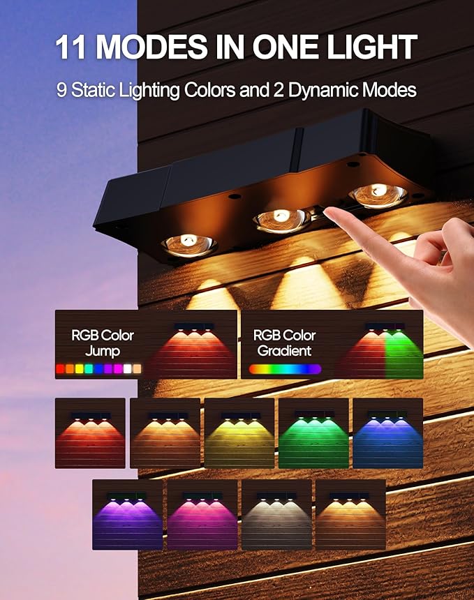 Solar Fence Lights 10 Pack, Outdoor Fence Light with 11 Modes RGB Color Glow LED Solar Lights, IP65 Outdoor Waterproof Wall Light, for Patio/Backyard/Deck/Fence/Railing