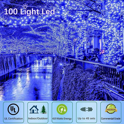 50ft 100 Counts Blue LED Outdoor Christmas Lights - Commercial Grade, Waterproof, Green Wire, Xmas Lights, IP65, UL