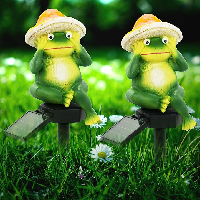 SmilingTown Solar Garden Lights Resin Warm White LED Figure Waterproof Decorations with Stake for Outdoor Yard Pathway Outside Patio Lawn Decor 2 Pack (Frog)