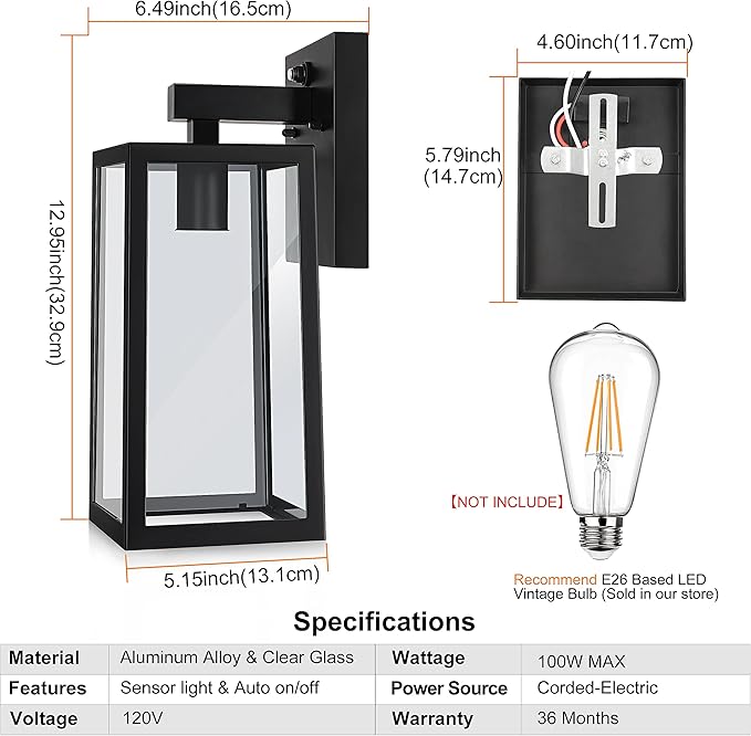 SHINE HAI Dusk to Dawn Sensor Outdoor Wall Sconce, Exterior Porch Lantern Fixture with E26 Socket & Glass Shade | Lumora