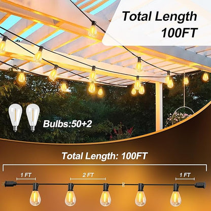 Outdoor String Lights 100FT for Outside Patio Lights with 50+2 Shatterproof S14 LED Dimmable Bulb, Outside Hanging Light Waterproof for Porch Garden Fences Backyard Balcony Pathways 2700K