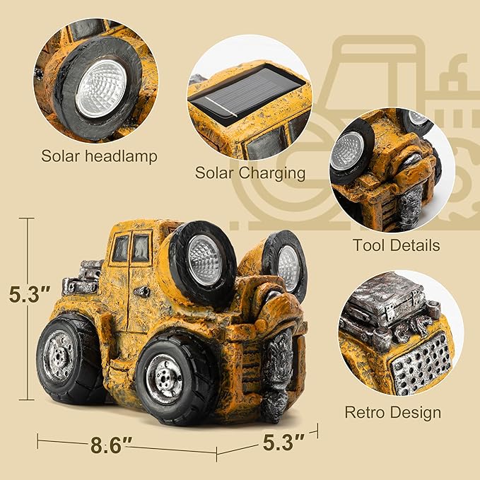 Garden Statue Outdoor Construction Truck Decor with Solar Light Decoration for Yard Patio Lawn Vintage Engineering Decor Gifts for Men
