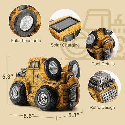 Garden Statue Outdoor Construction Truck Decor with Solar Light Decoration for Yard Patio Lawn Vintage Engineering Decor Gifts for Men