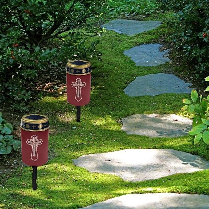 2 Piece Cross Red Solar Garden Lights Solar Lights Outdoor Garden Solar Powered Garden Lights,Christianity Garden Yard Patio Pathway Waterproof Solar Lights Outdoor