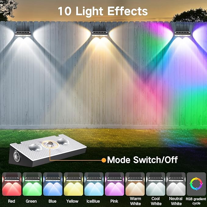 OUTON Solar Fence Lights Outdoor 8 Pack, 10 RGBCW Lighting Modes LED Deck Lights, 3-Way 50LM Dusk to Dawn Solar Powered Wall Light, IP65 Waterproof Step Light for Fence Garden Backyard Gutter Patio