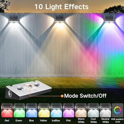 OUTON Solar Fence Lights Outdoor 8 Pack, 10 RGBCW Lighting Modes LED Deck Lights, 3-Way 50LM Dusk to Dawn Solar Powered Wall Light, IP65 Waterproof Step Light for Fence Garden Backyard Gutter Patio