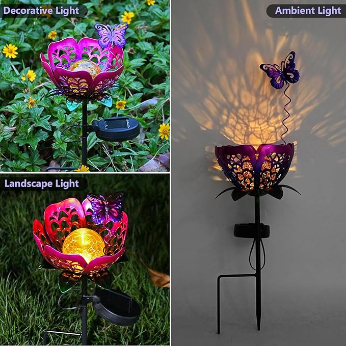 Outdoor Solar Flower Light, Crackle Glass Globe LED Lights, Metal Butterfly Decorations Lights, Hollow Petal Tulip Stake Light for Patio Yard Walkway Ground Lawn Ornaments Gifts (Purple)