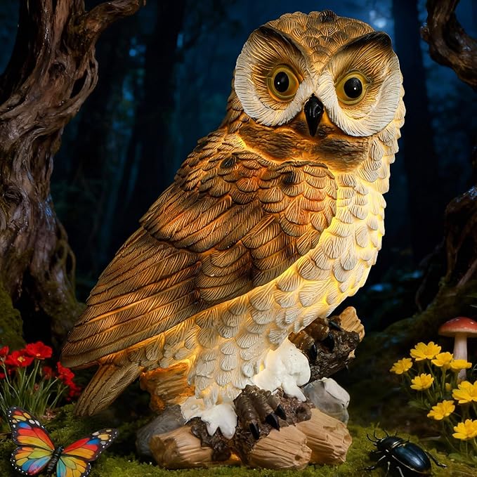 Solar Owl Garden Outdoor Statue,Owl Figurine Sculpture with LED Lights for Porch Patio Lawn Yard Deck Spring Decor - Ideal Easter Day Housewarming Christmas Gift for Women Men Owl Lover(Brown)