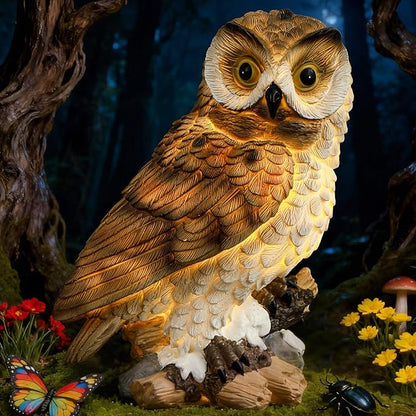 Solar Owl Garden Outdoor Statue,Owl Figurine Sculpture with LED Lights for Porch Patio Lawn Yard Deck Spring Decor - Ideal Easter Day Housewarming Christmas Gift for Women Men Owl Lover(Brown)
