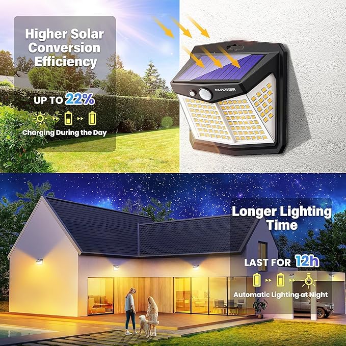 CLAONER Solar Lights Outdoor, [128 LED/8 Packs] Solar Motion Lights 3 Working Modes Solar Wall Lights with 270°Wide Angle Wireless IP65 Waterproof Motion Sensor Outdoor Deck Lights, Warm White