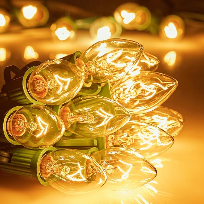 Brightown C7 Christmas Lights Outdoor 25 Feet Warm White Christmas Lights String Green Wire for Room Roofline House Garden Patio Backyard Cafe Party Xmas Home Decorations, 25 Clear Bulbs