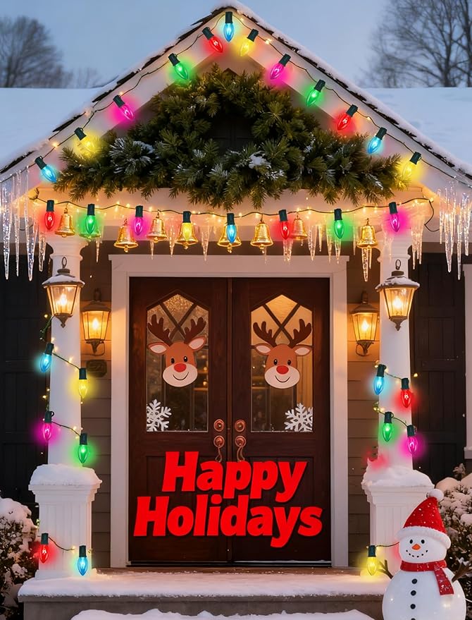 C9 Multicolor Christmas Lights, 25Ft Transparent Multicolor String Lights with 26 Clear Glass Bulbs (1 Spare), Hanging Vintage Christmas Lights String for Indoor Outdoor Christmas Tree Garden Party