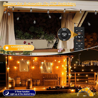 Ollny S11 100FT Outdoor String Lights with Remote, Plug in Waterproof Connectable 3 Modes Dimmable Timers Patio Lights with 48+2 LED Spare Bulbs, Dusk to Dawn Outdoor Light for Outside Bistro Yard