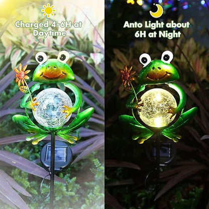 Garden Solar Lights Outdoor Decorations, Waterproof Frog Crackle Glass Globe Metal Garden Stake Lights, Solar Powered Warm White LED Light for Pathway Lawn Patio Yard Decor Mother's Day Gift