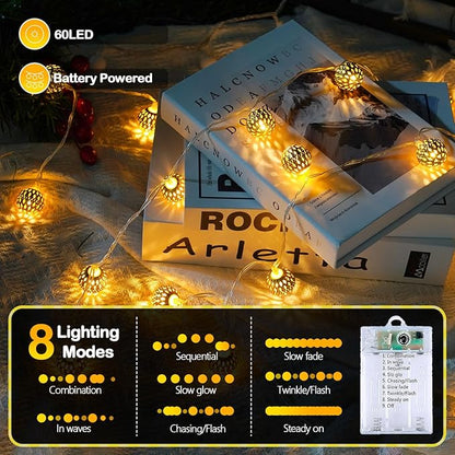 LORRYTE Moroccan Christmas String Lights Outdoor Battery Operated, 60 LED 36 FT Globe Fairy Lights with 8 Lighting Modes, String Lights for Bedroom Party Wedding Garden Christmas Decor (Warm White)