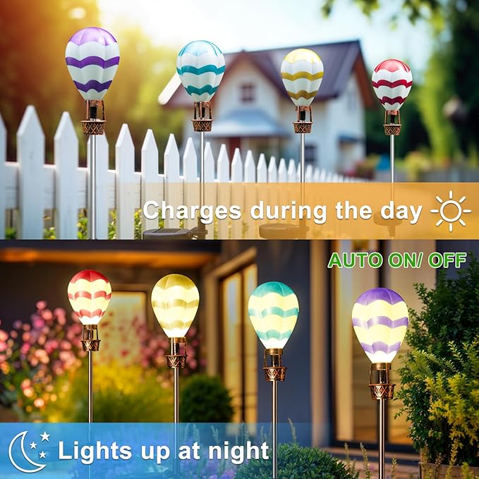 Solar Garden Decor - 4 Pack Hot Air Balloon Solar Lights Outdoor Waterproof Stake Lights for Pathway Garden Yard Path Lawn Decor Gift