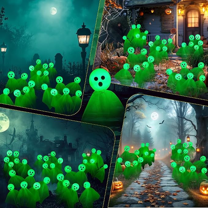 VIHOSE 2 Packs Halloween Solar Lights Outdoor 12 LED Solar Ghost Pathway Lights Waterproof Spooky Ghost Path Light Outdoor Halloween Decorations for Outside Garden Lawn Yard Decors (Green)