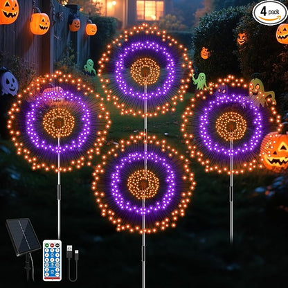 4 Pack Solar Halloween Firework Lights Outdoor Waterproof, 8 Modes Orange & Purple Black Spooky Solar Garden Lights with Timer Remote for Outside Yard Patio Pathway Lawn Halloween Decor