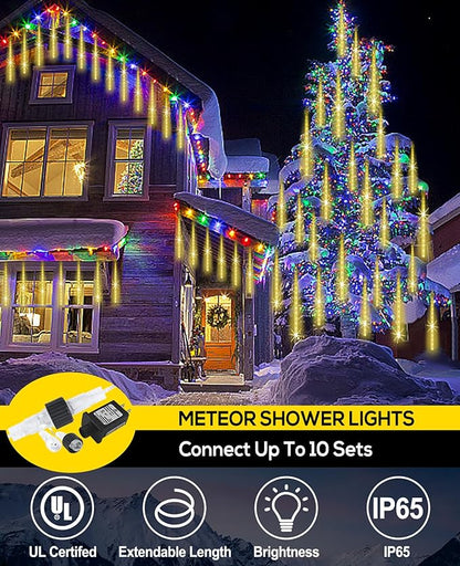 Meteor Shower Lights Outdoor Christmas Lighting Falling Rain Lights 12Inch 10Tubes Rain Drop Light Snowfall Icicle Cascading String Decor for Xmas Holiday Tree Garden Decor,Shine Warm White