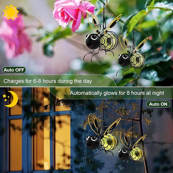 EVOLUX Hanging Bee Solar Garden Lights Decor for Outside, Outdoor Statues Figurine Lights Decorations for Patio Balcony Yard Ornament Housewarming(2 pcs)