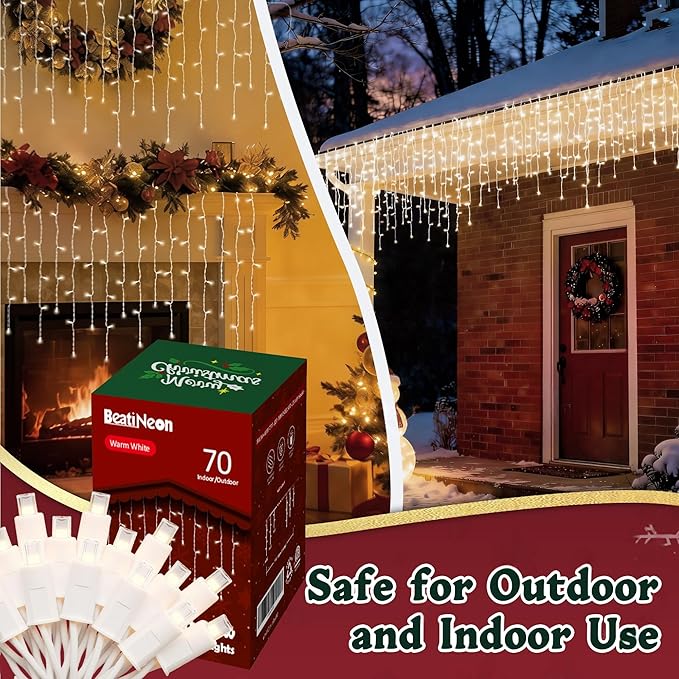 LED Christmas Lights, 100 LED Icicle Lights on 7FT with 4 Inch Spacing - 5MM Wide Angle Warm White Bulbs, IP68 Waterproof & ETL Certified for Outdoor/Indoor