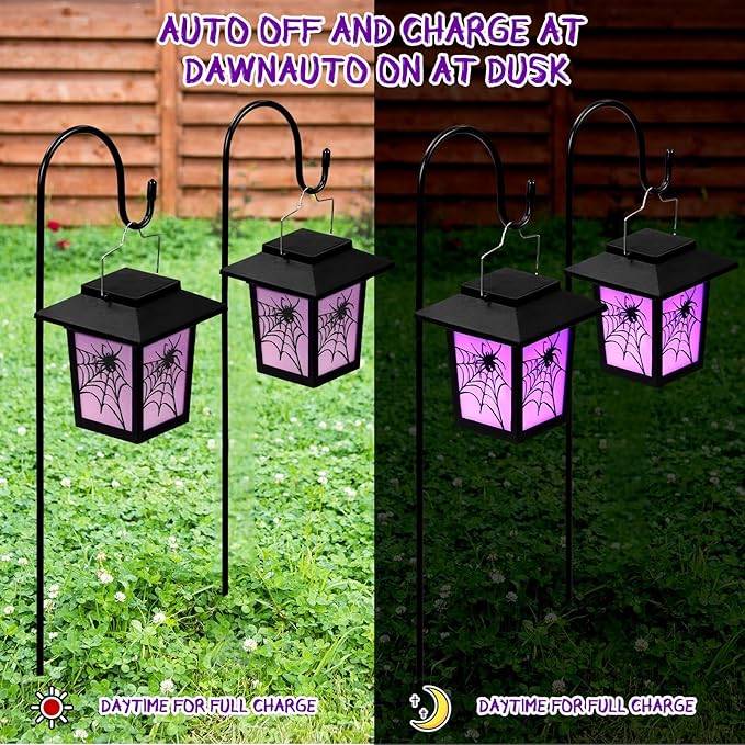 4 Pack Halloween Solar Lights 4.7 Inch Spider Purple Solar Pathway Lights Halloween Decorations with 24 Inch Shepherd Hooks Landscape Lighting Waterproof LED for Garden Yard Walkway Driveway Outdoor